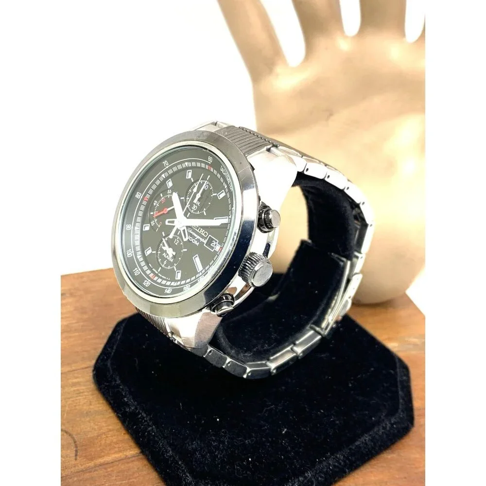Seiko Men's Watch SNAB19 Quartz Chronograph Black Silver Stainless Steel 44mm